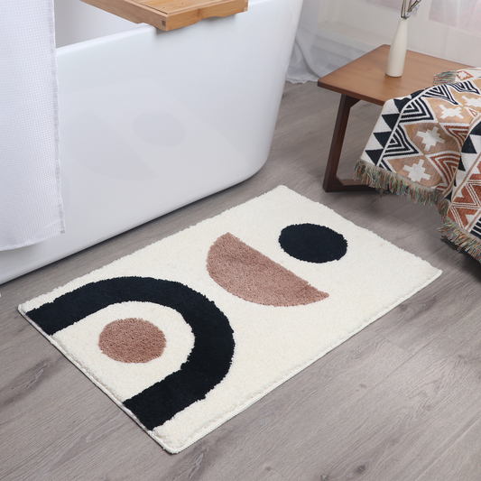 White Ivory, Black & Brown Abstract Bath Mat – Non-Slip Washable Boho Rug