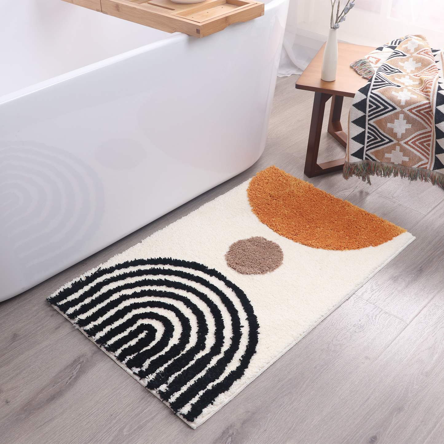 White Ivory, Orange & Black Abstract Bath Mat – Non-Slip Washable Boho Rug