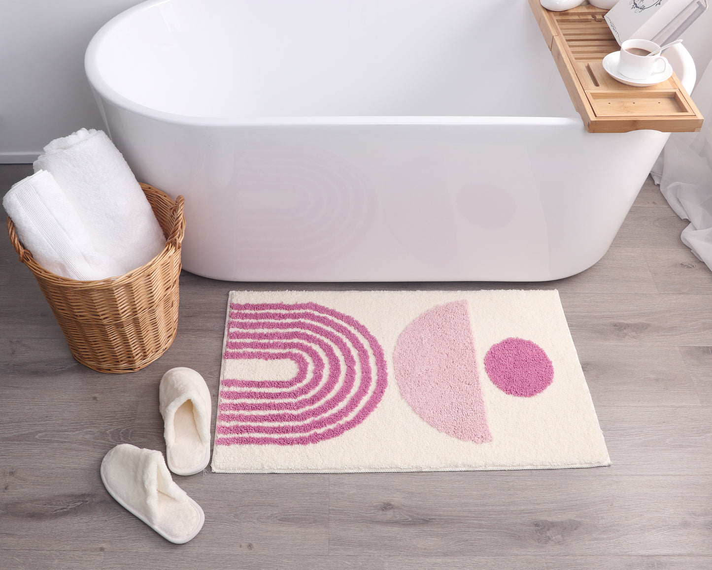 Pink & Ivory / Cream Abstract Fluffy Bath Mat – Non-Slip Washable Boho Rug