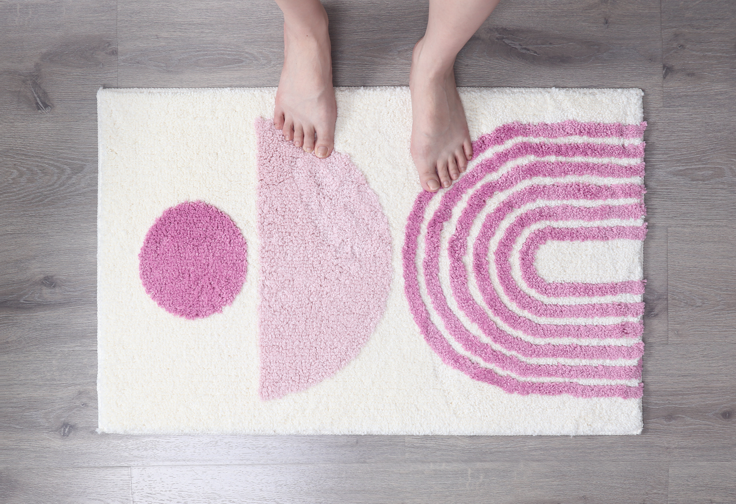 Pink & Ivory / Cream Abstract Fluffy Bath Mat – Non-Slip Washable Boho Rug