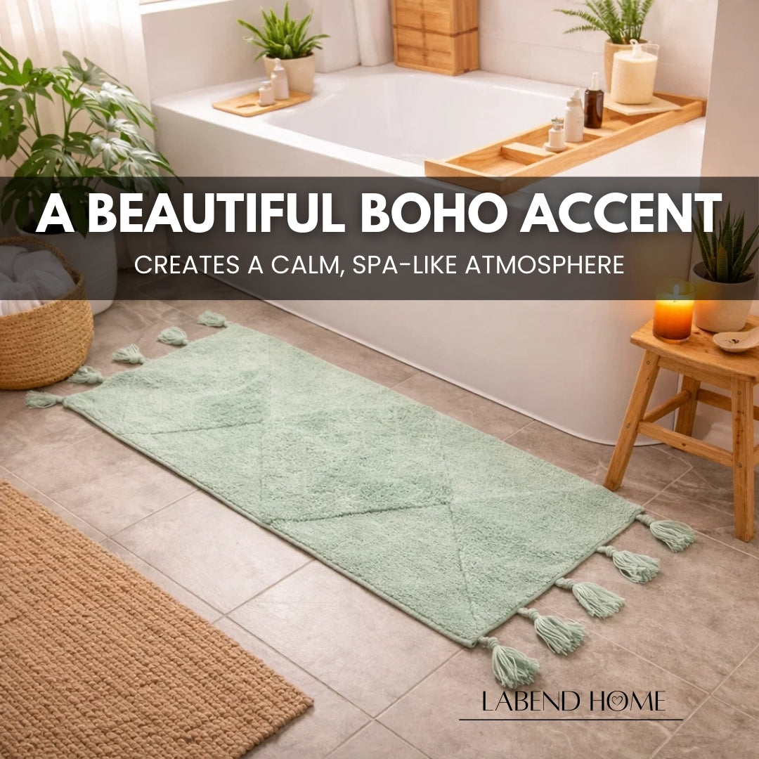 Mint Green Boho Runner Rug with Tassels - Non Slip