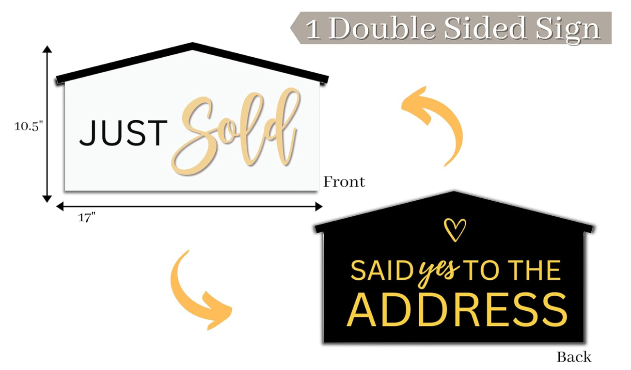 Dimensions of the 17 inch house-shaped double-sided prop sign - Just Sold and Said Yes to the Address