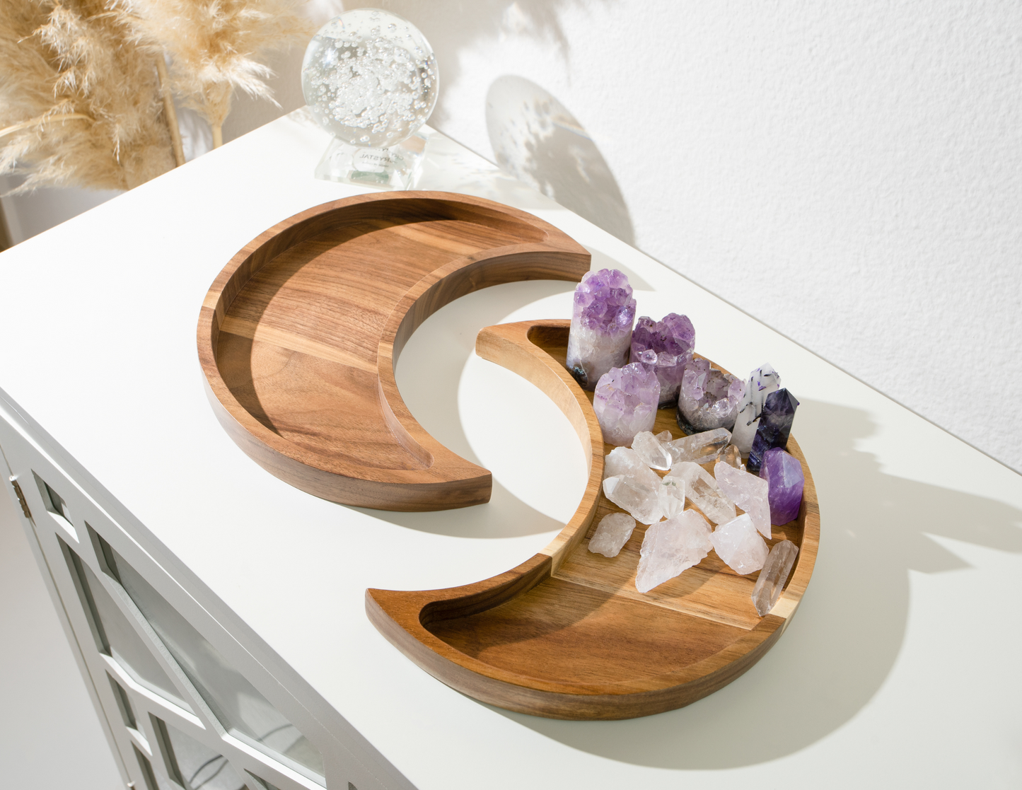 wooden moon tray crystal holder