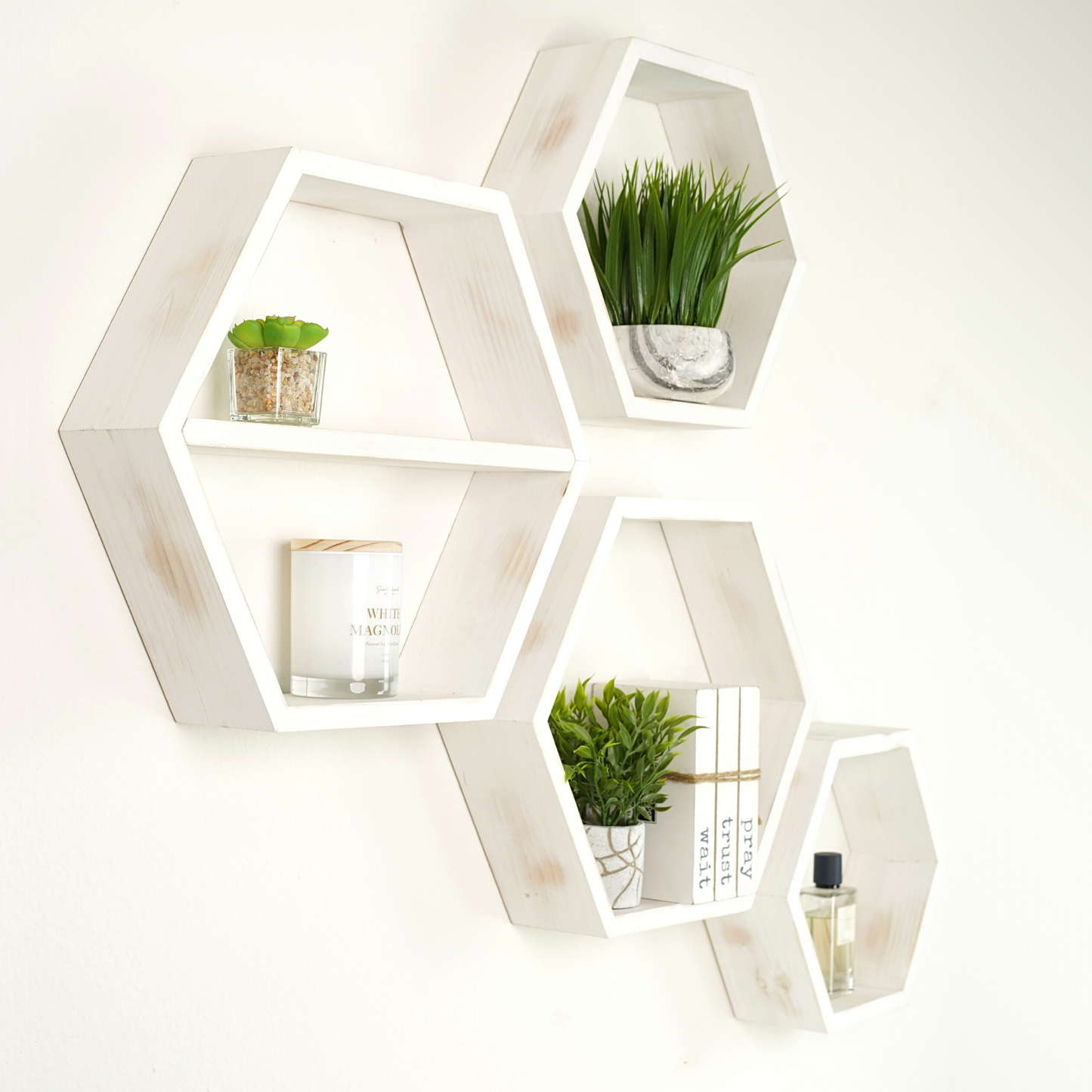 white hexagon shelves