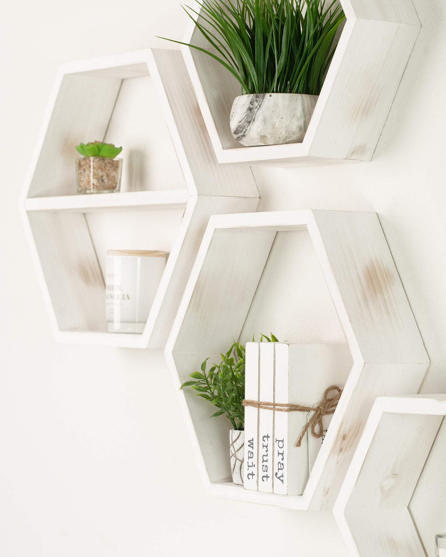 rustic white hexagon shelves
