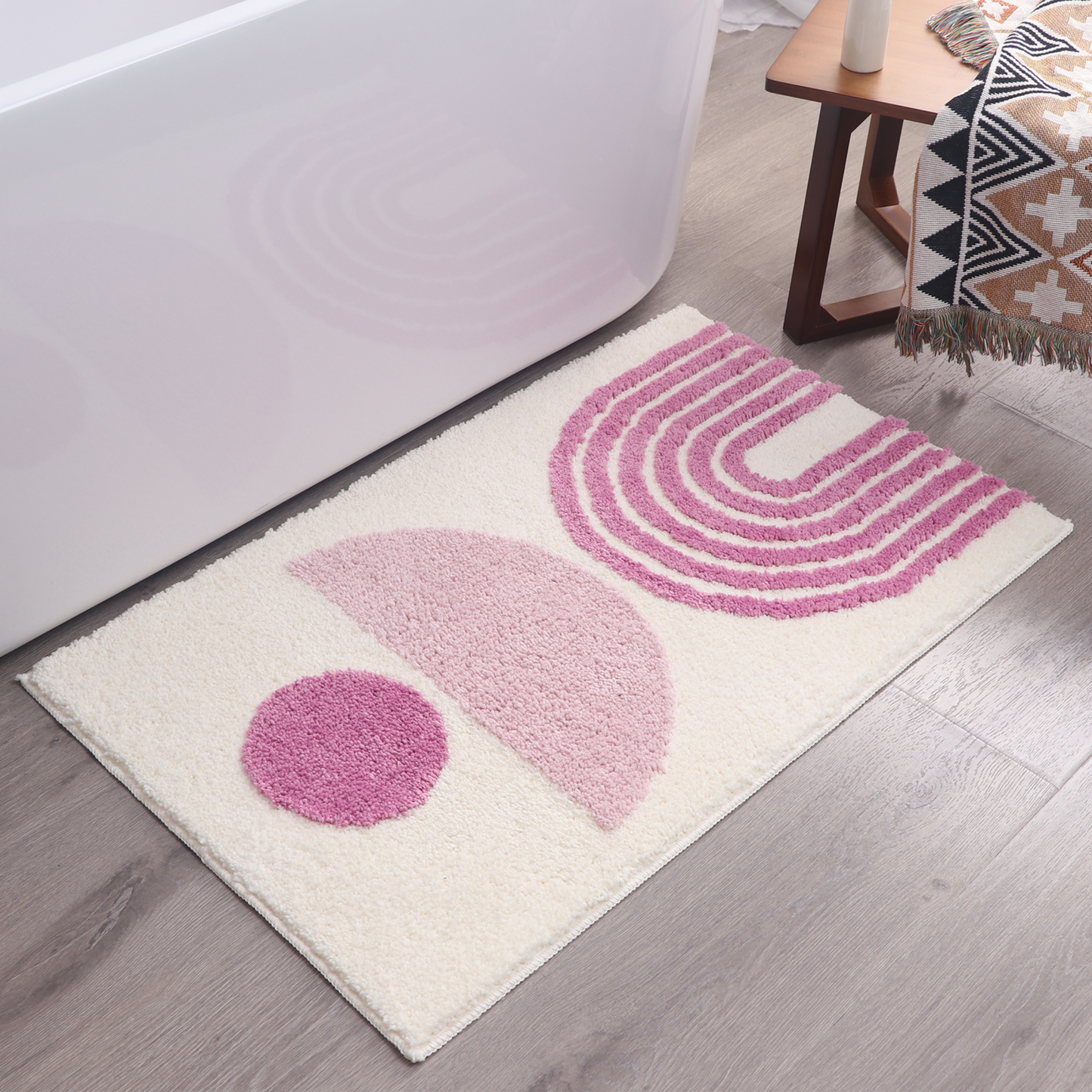 Pink & Ivory / Cream Abstract Fluffy Bath Mat – Non-Slip Washable Boho Rug
