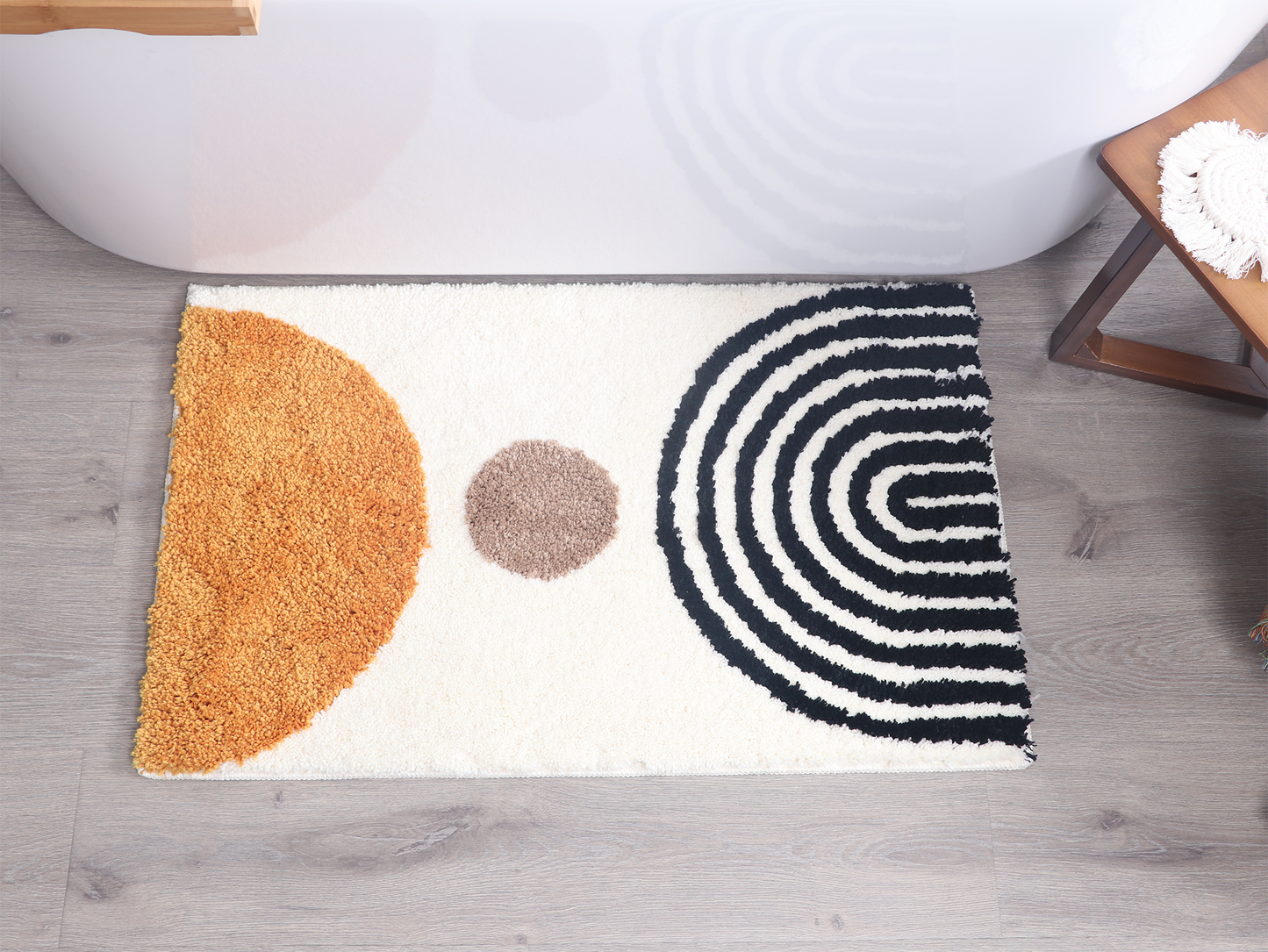 White Ivory, Orange & Black Abstract Bath Mat – Non-Slip Washable Boho Rug