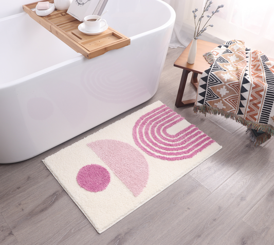 Pink & Ivory / Cream Abstract Fluffy Bath Mat – Non-Slip Washable Boho Rug