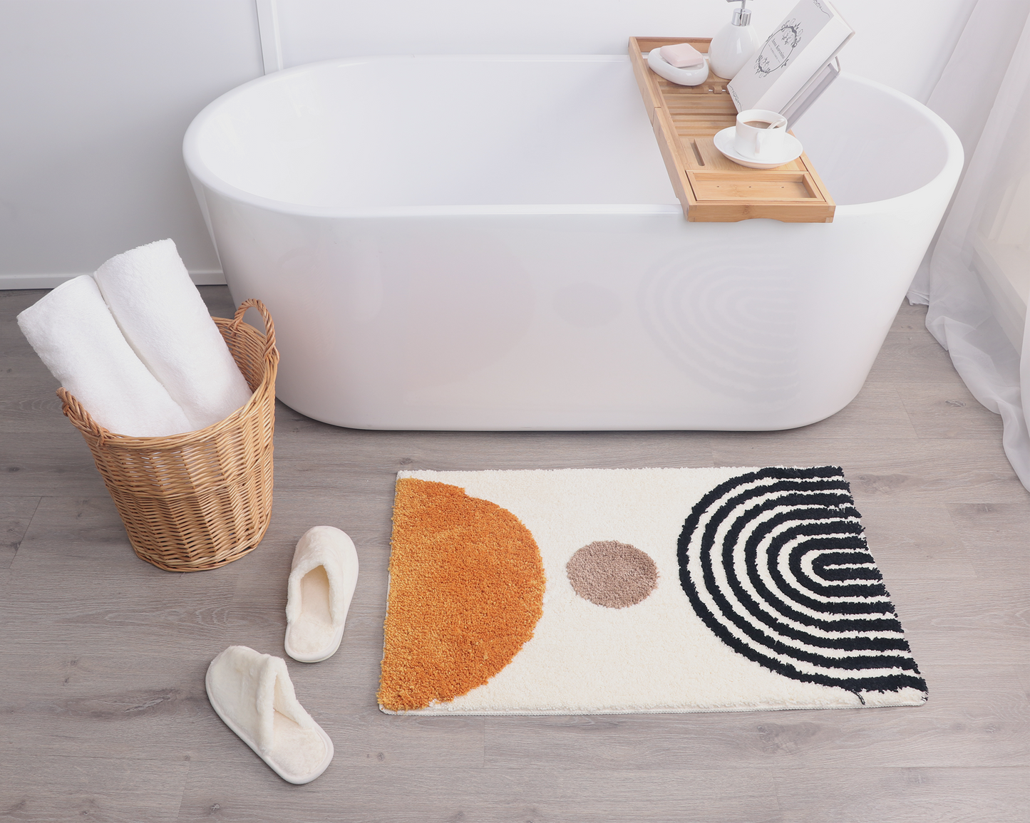 White Ivory, Orange & Black Abstract Bath Mat – Non-Slip Washable Boho Rug