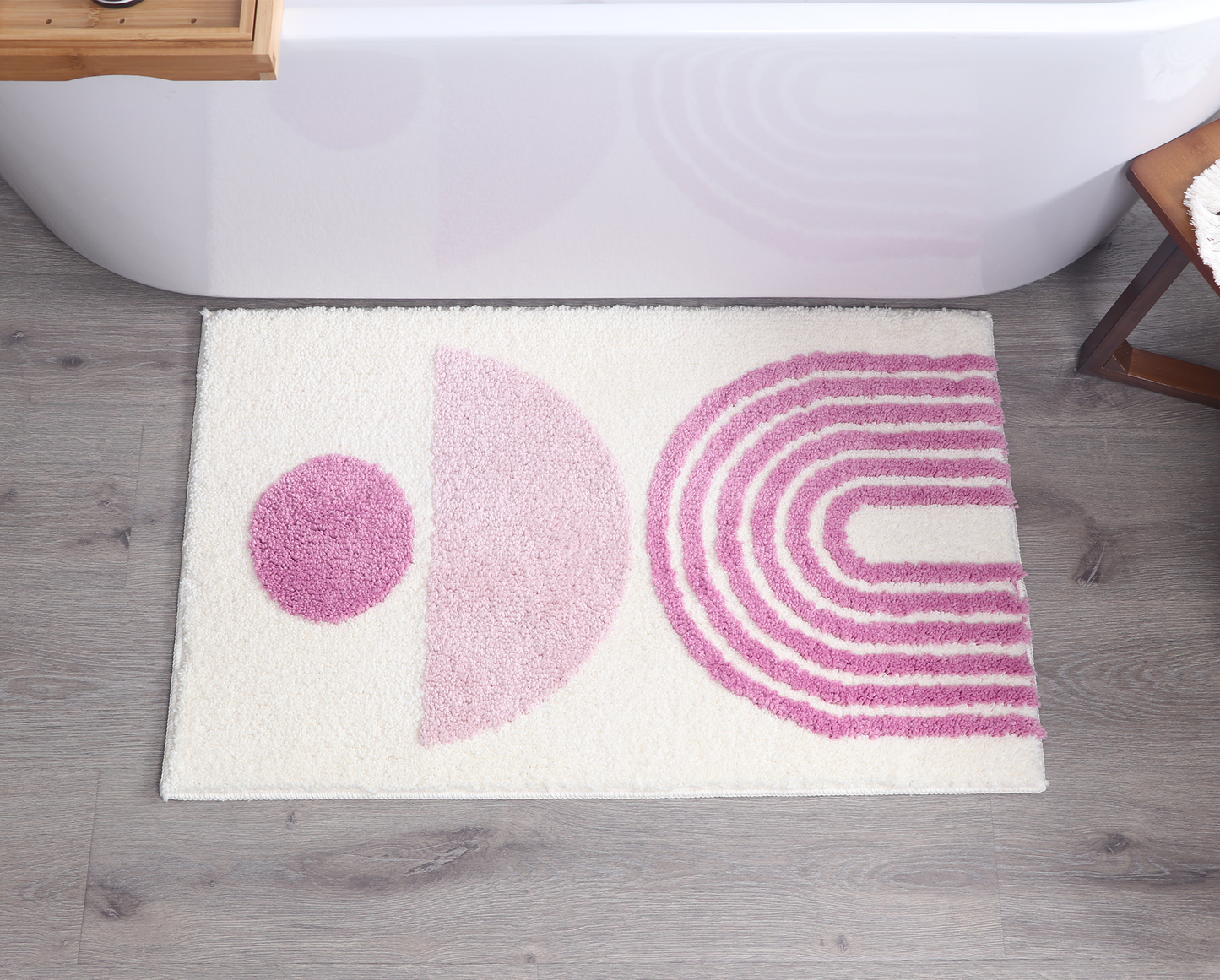 Pink & Ivory / Cream Abstract Fluffy Bath Mat – Non-Slip Washable Boho Rug
