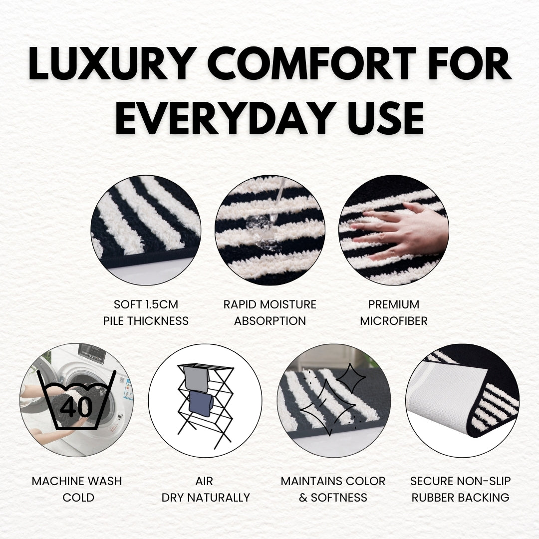 Black & Cream Linea 3-Piece Bath Mat Bundle — Runner + 2 Standard Mats