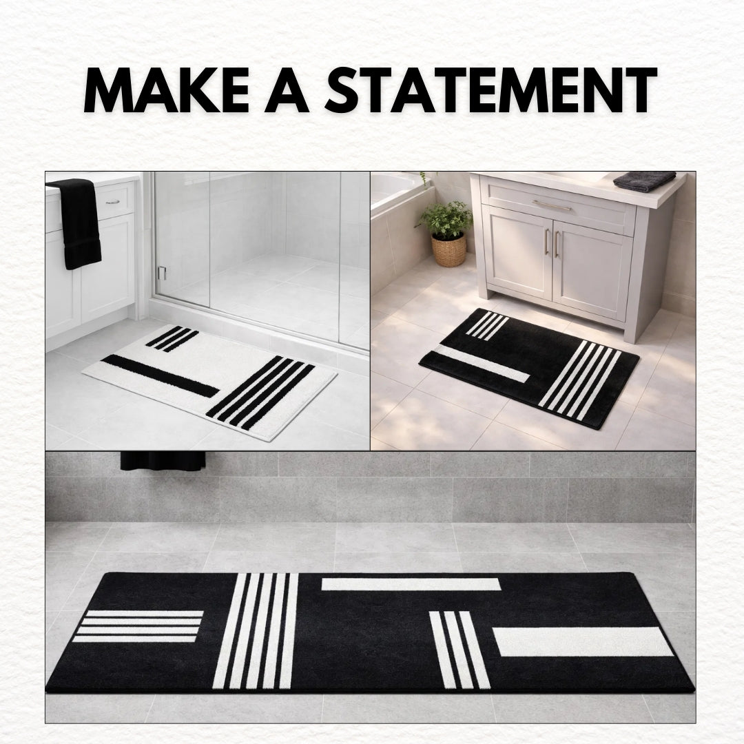 Black & Cream Linea 3-Piece Bath Mat Bundle — Runner + 2 Standard Mats
