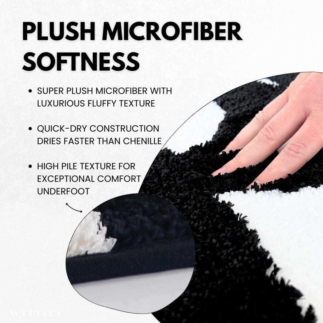 Text detailing plush microfiber softness with a close-up of fabric texture and hand touch.