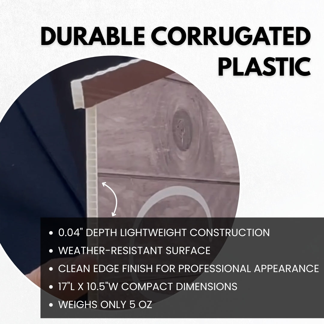 Durable weather-resistant corrugated plastic material used for the rustic wood-style prop sign, close-up detail