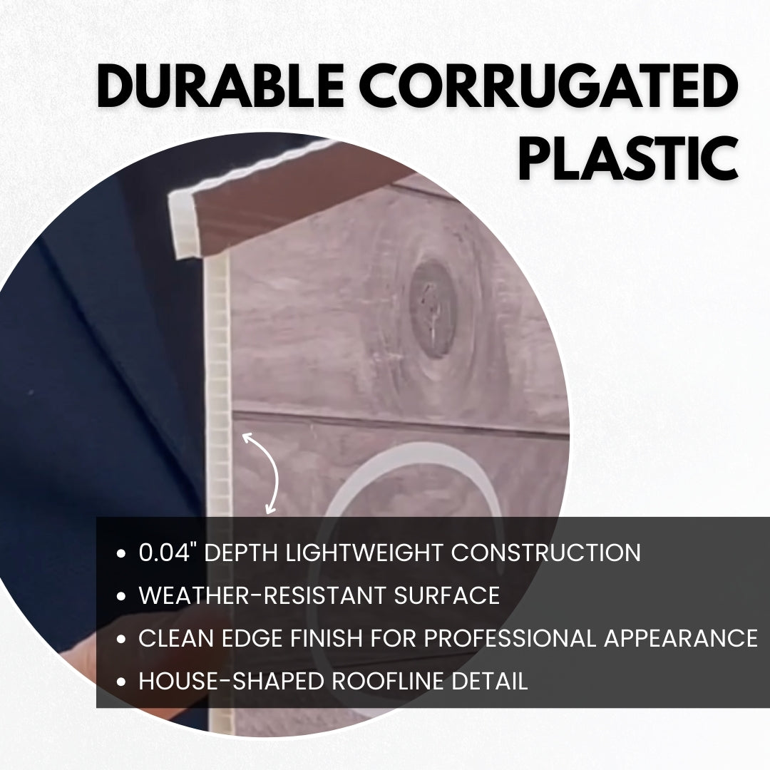 Durable weather-resistant corrugated plastic material used for the 24 inch house-shaped prop sign, close-up detail