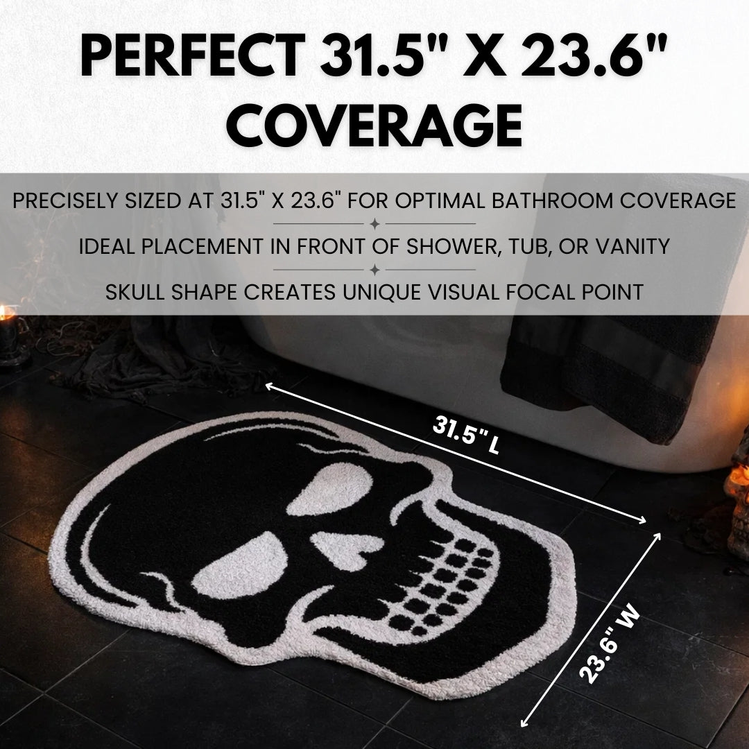 Skull-shaped bath mat with measurements on a bathroom floor.