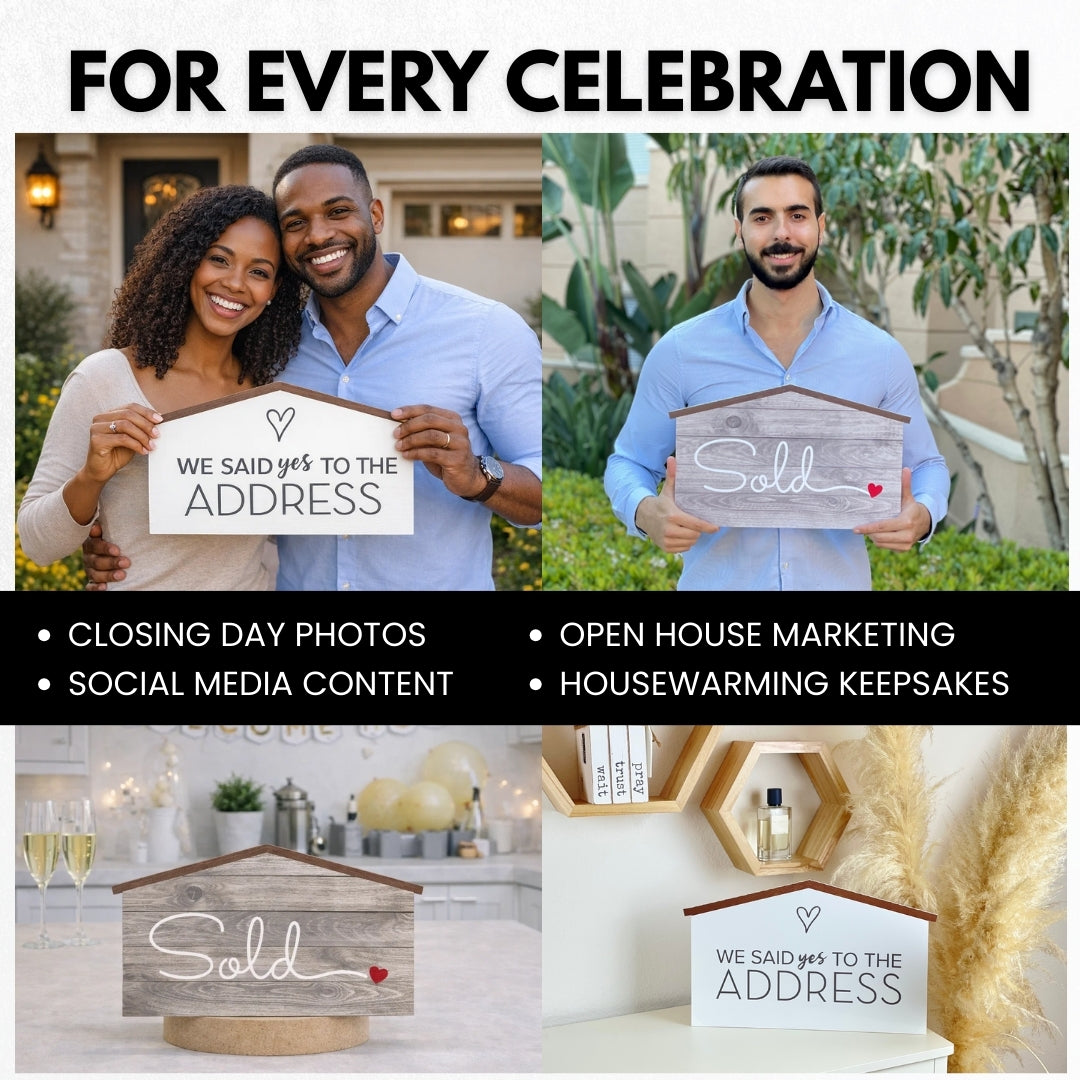 Use case collage for rustic wood-style Sold and We Said Yes to the Address prop signs - closing photos, open houses, celebrations
