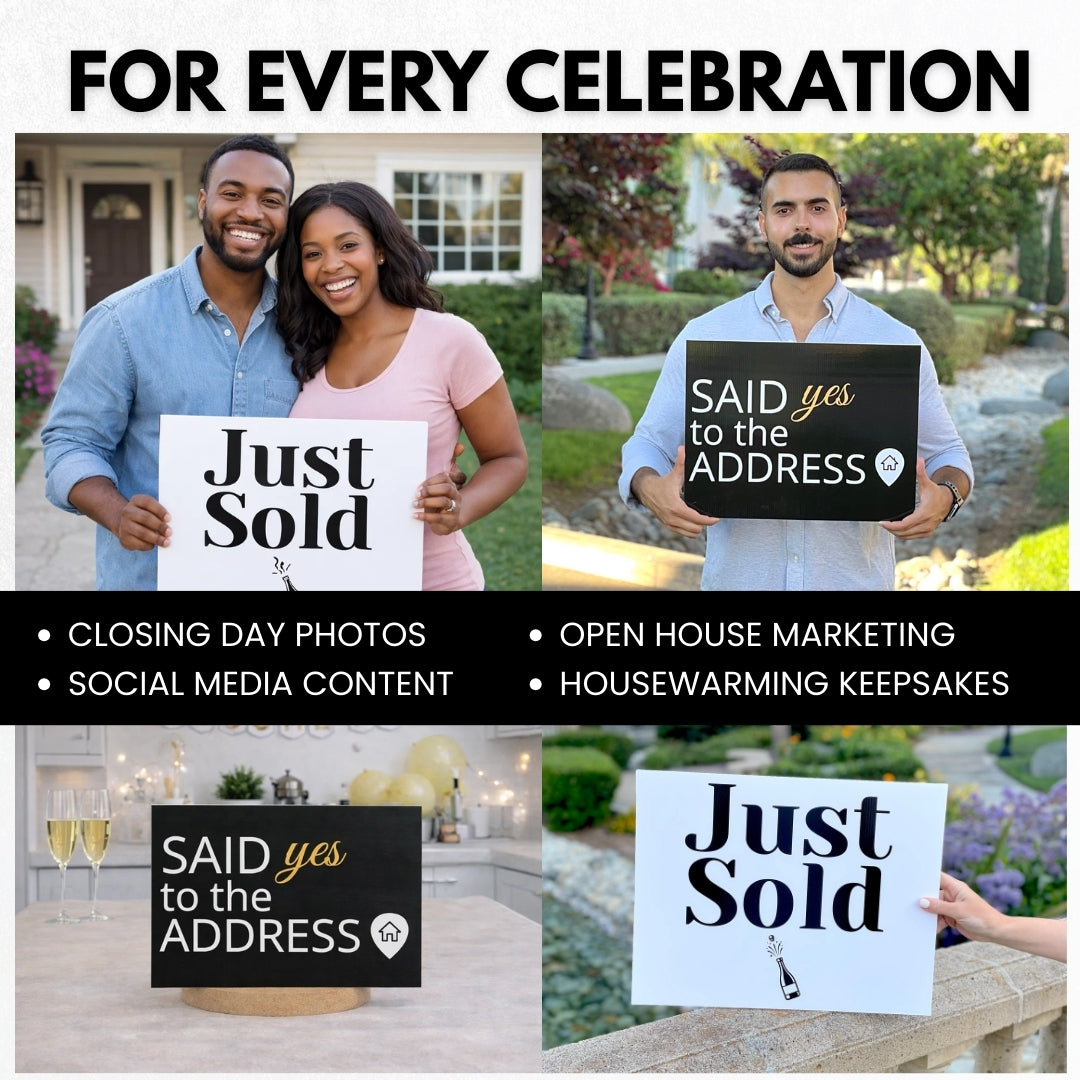 Use case collage for Just Sold and Said Yes to the Address rectangle prop signs - closing photos, open houses, celebrations