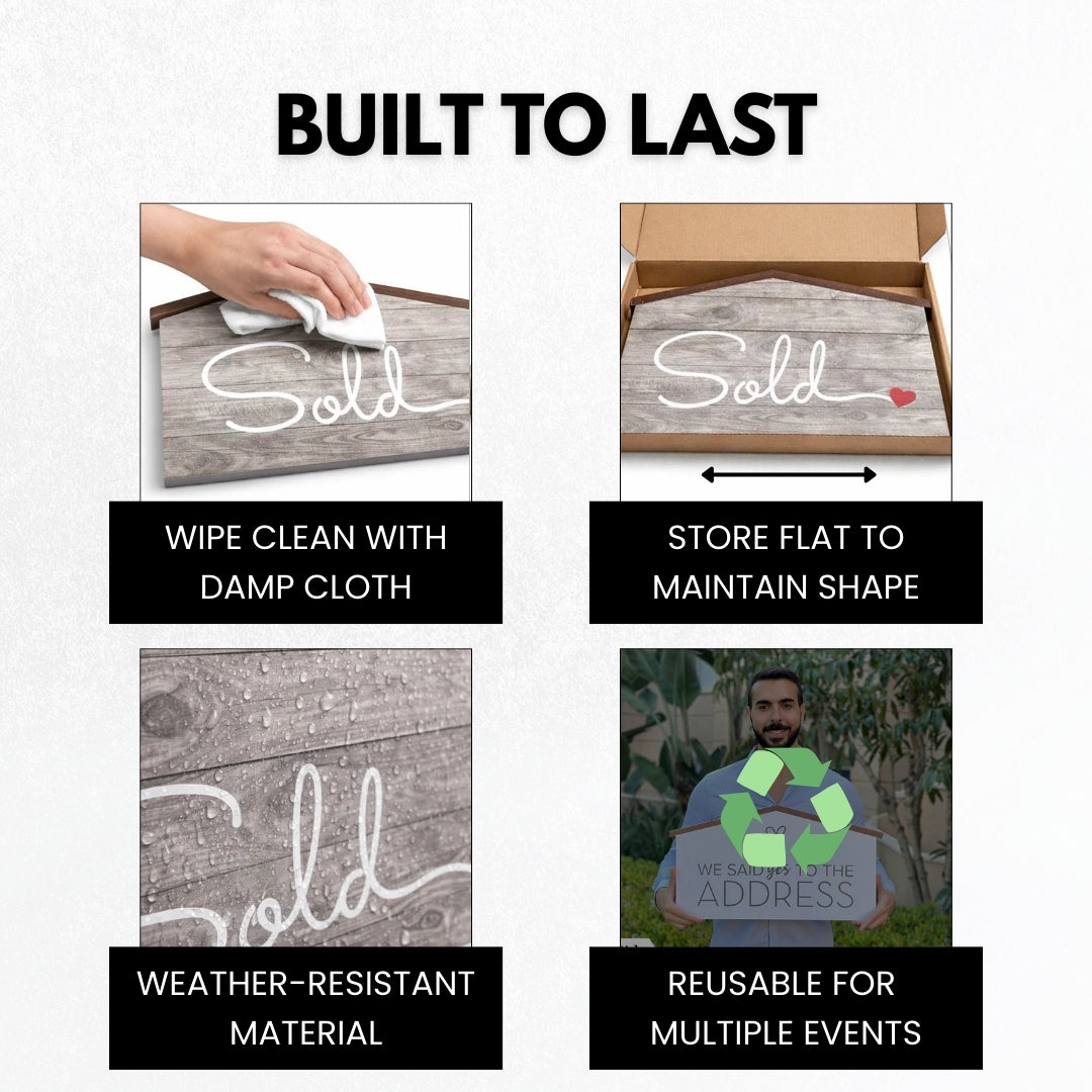 Care instructions for the rustic wood-style Sold prop sign - weather-resistant, reusable, wipes clean, stores flat