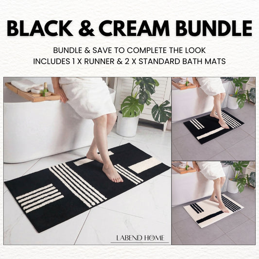 Black & Cream Linea 3-Piece Bath Mat Bundle — Runner + 2 Standard Mats