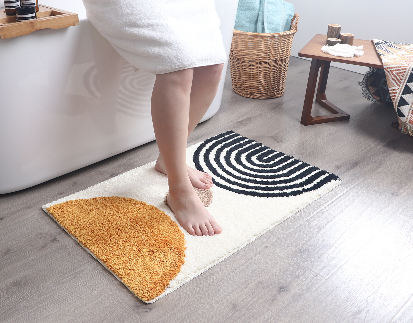 White Ivory, Orange & Black Abstract Bath Mat – Non-Slip Washable Boho Rug