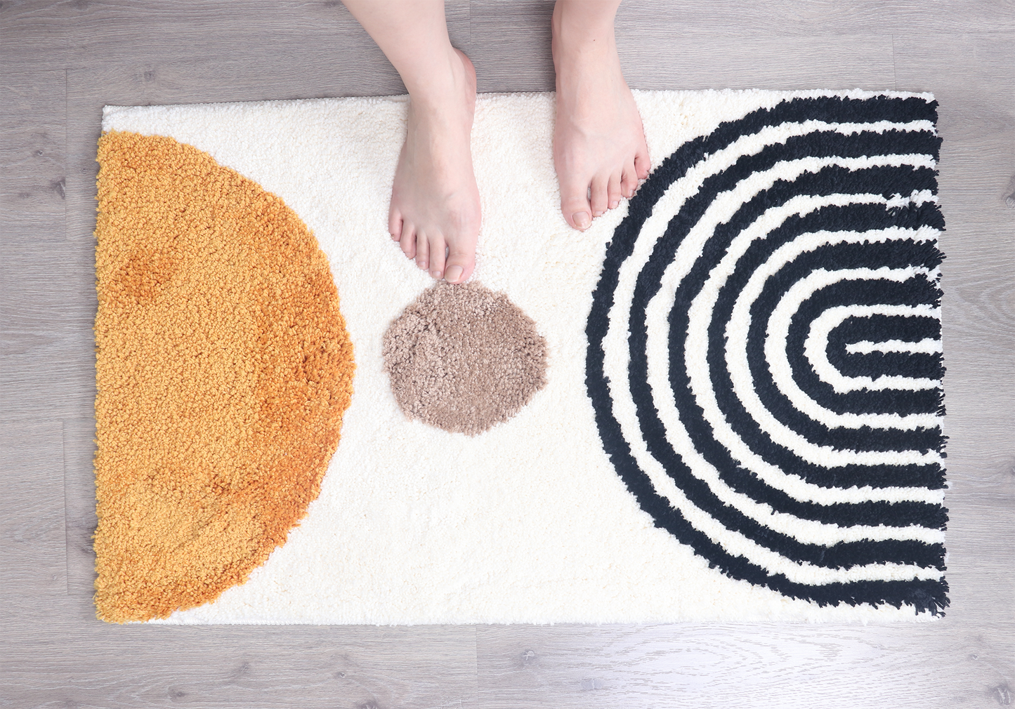White Ivory, Orange & Black Abstract Bath Mat – Non-Slip Washable Boho Rug