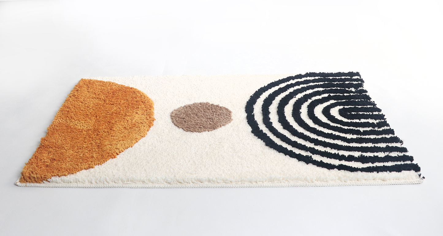 White Ivory, Orange & Black Abstract Bath Mat – Non-Slip Washable Boho Rug