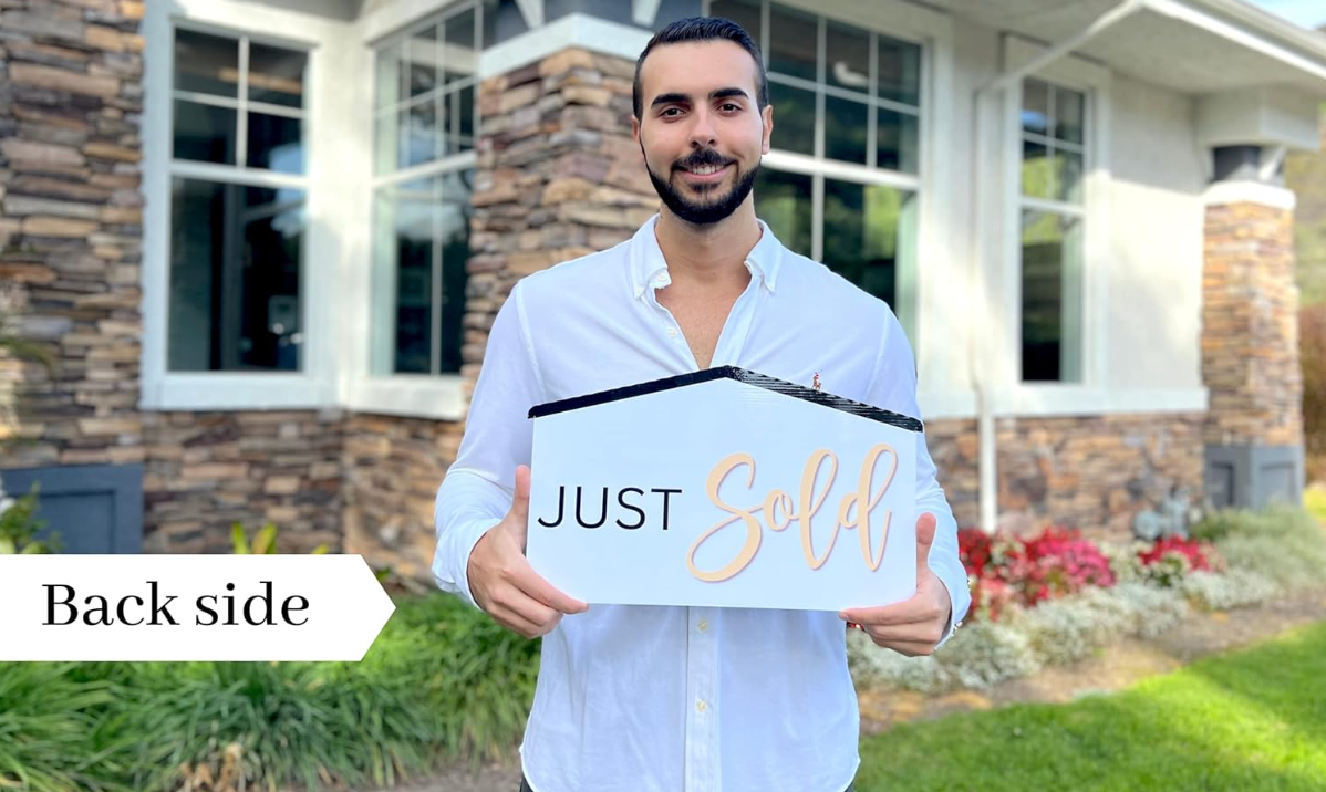 17" House-Shaped Sold Sign — Just Sold / Said Yes to the Address (White/Black) — Real Estate Photo Prop
