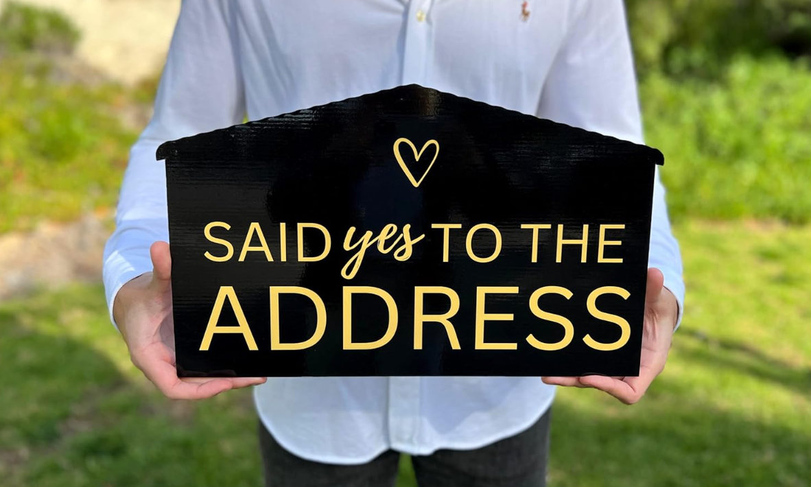 17" House-Shaped Sold Sign — Just Sold / Said Yes to the Address (White/Black) — Real Estate Photo Prop