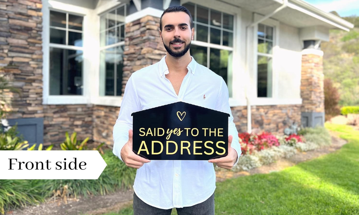 17" House-Shaped Sold Sign — Just Sold / Said Yes to the Address (White/Black) — Real Estate Photo Prop