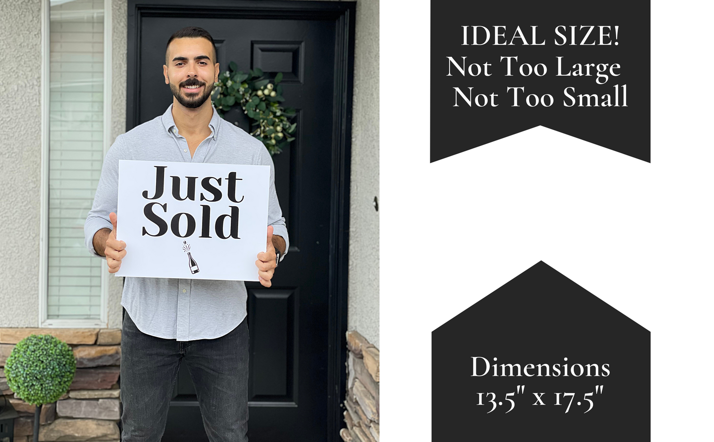 Realtor holding a Just Sold rectangle prop sign at a front door - ideal 13.5 by 17.5 inch size