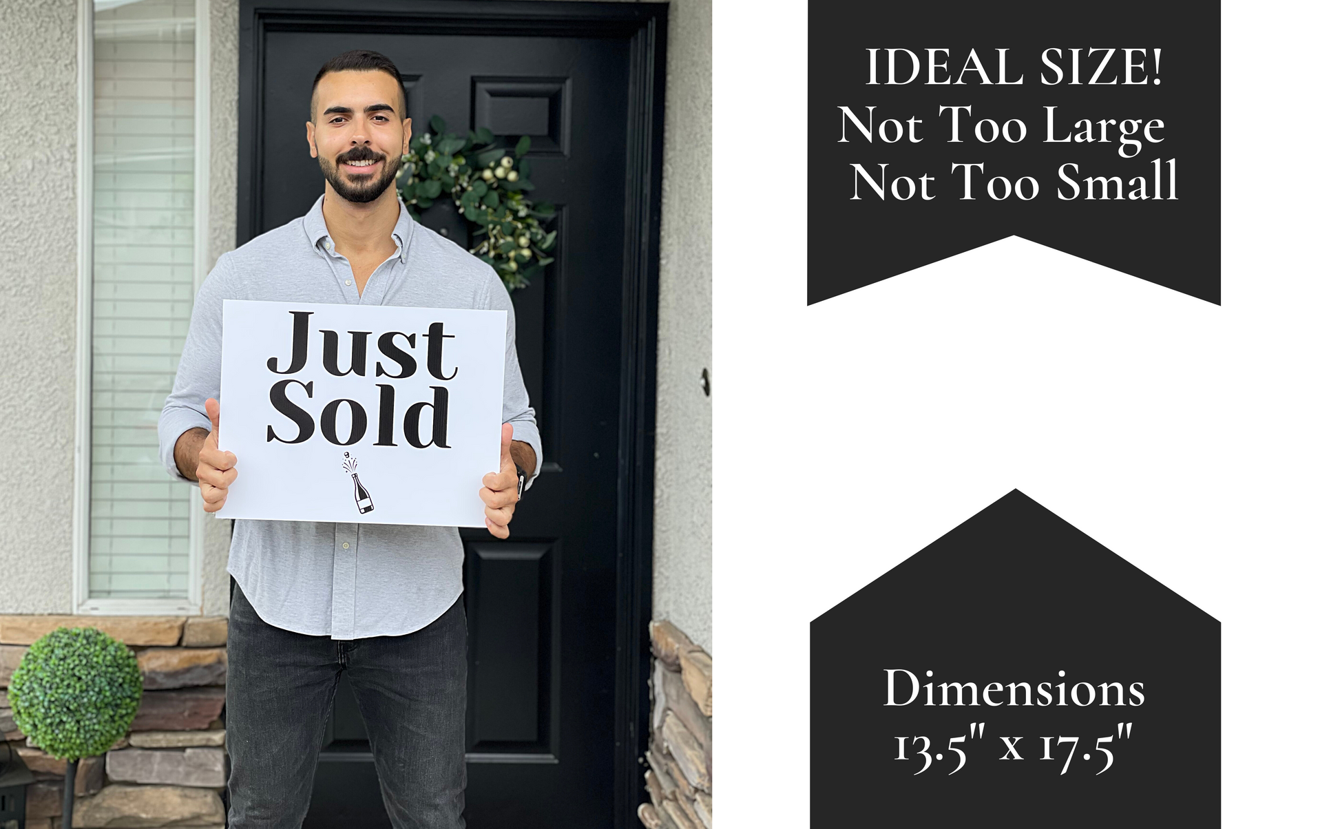 Realtor holding a Just Sold rectangle prop sign at a front door - ideal 13.5 by 17.5 inch size