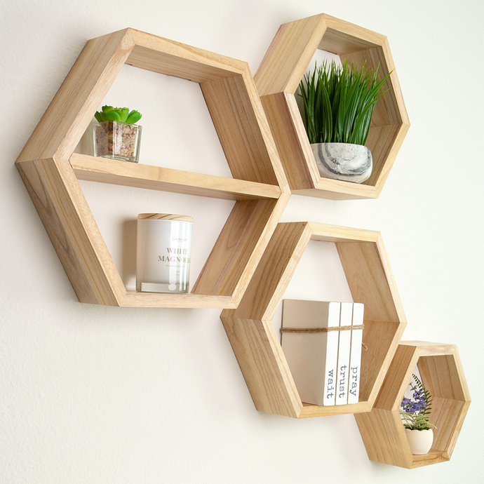 wooden hexagon shelves