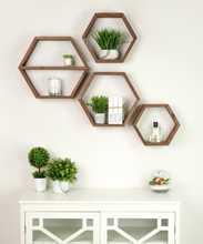 Load image into Gallery viewer, brown hexagon shelves wall hanging
