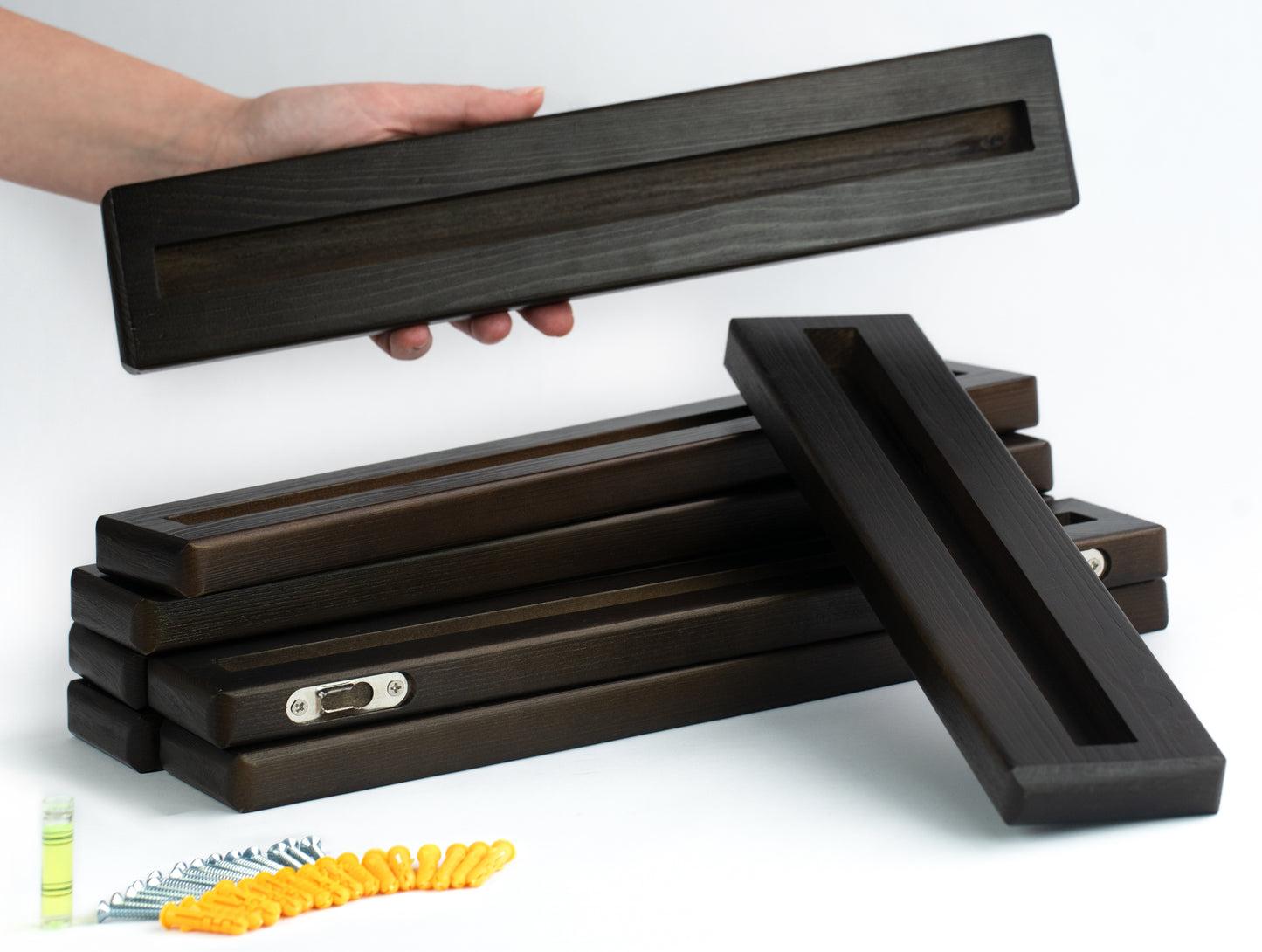 wooden record shelves