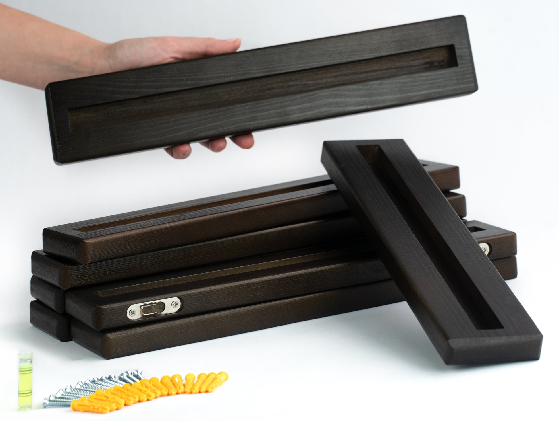 wooden record shelves