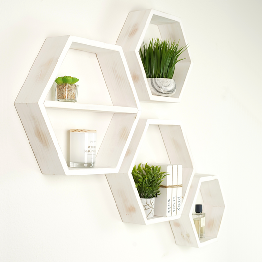 white hexagon shelves